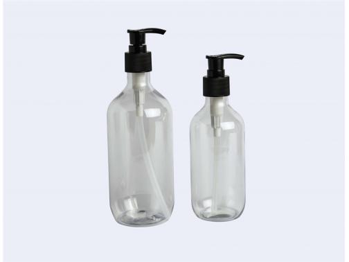 Clear Boston Round PET Plastic Bottles with Black Pump