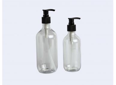 Clear Boston Round PET Plastic Bottles with Black Pump -Top & Top